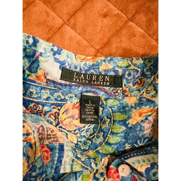 Ralph Lauren Blue Paisley Tie Waist Blouse Womens Large Button Front Classic - Picture 5 of 5